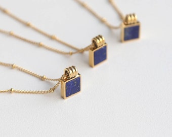Dark Blue Pendant Gold Necklace, Dainty blue Gemstone Necklace, Lapis Stone Necklace, Gift for her