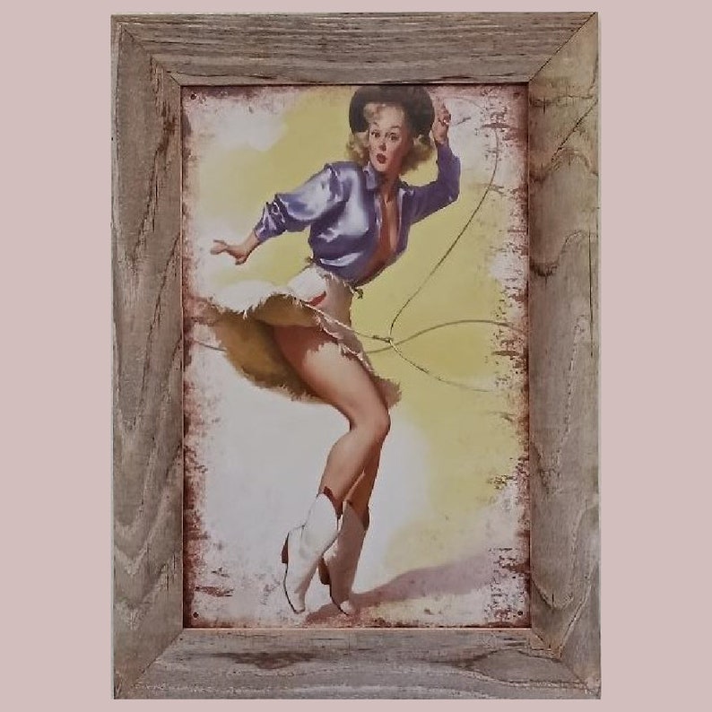 Framed Cowboy Pinup Tin Signs Cowgirls Pin up Wall Art Man Etsy