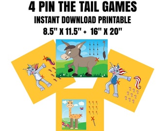 Pin the Tail Donkey, Unicorns, Giraffe Download Animals Printables of 4 Games Digital Downloads