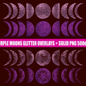 Purple Moon Phases Overlays and Solid Glitter png downloads for Commercial Use