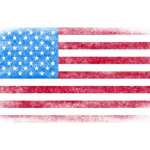 Puede incluir: Una bandera estadounidense de estilo vintage y desgastada, con rayas rojas y blancas y un campo azul de estrellas.