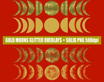 Gold Moon Phases Overlays and Solid Glitter png downloads for Commercial Use