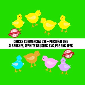 May include: Set of seven digital illustrations of chicks in various colors, including yellow, orange, pink, blue, and purple. The chicks are facing different directions and have different expressions. The illustrations are suitable for commercial and personal use.