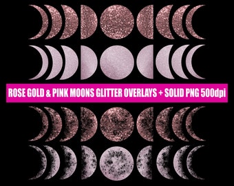 Rose Gold & Pink Moon Phases Overlays and Solid Glitter png downloads for Commercial Use