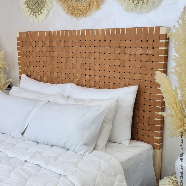 tan leather headboard legs, queen size headboard, king headboard, woven leather strap headboard,luxurious hanging bed Room,wood bedheadboard