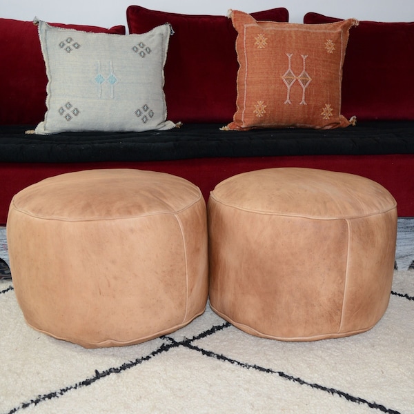 Pouf en cuir marocain, pouf en cuir, siège rond en cuir, chaise en cuir, pouf rond marocain, tabouret en cuir - NON STUFFÉ.