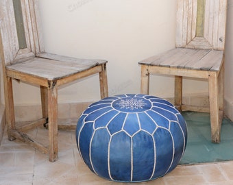 leather ottoman, ,Blue Moroccan pouf, handmade leather pouf, Moroccan handcraft leather footstool,pouffe ottoman, pouf size 20*20*12 inches