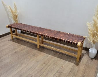 Handmade Moroccan Leather & Wood Bench: Rustic Chic Seating