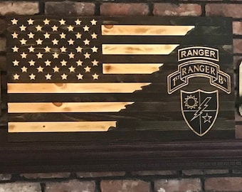 US Army Ranger Flag, Rustic Burnt Wood American Flag, Battalion Patch, Ranger Tab, Ranger Unit Crest , Army Ranger Burnt wood flag.