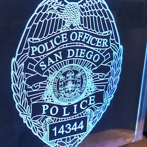San Diego Police Badge Acrylic lighted plaque. Police Badge, Personalized San Diego Police Shield Lighted Plaque