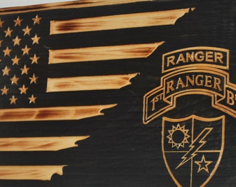 US Army Ranger Flag, Rustic Burnt Wood American Flag, Battalion Patch, Ranger Tab, Ranger Unit Crest , Army Ranger Burnt wood flag.