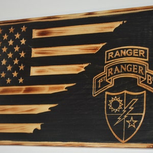 US Army Ranger Flag, Rustic Burnt Wood American Flag, Battalion Patch, Ranger Tab, Ranger Unit Crest , Army Ranger Burnt wood flag.