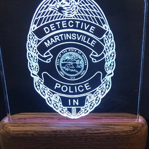 MARTINSVILLE Indiana  Badge Acrylic lighted plaque. Police Badge, Personalized MPD  Detective police Shield, Police Gift