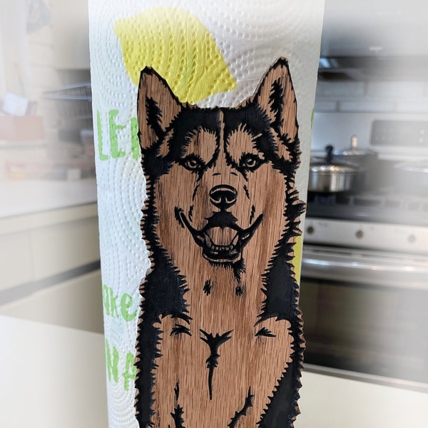 Siberian Husky Paper Towel Holder, Wood standing Paper Towel or Toilet Paper holder engraved on solid oak