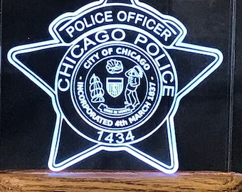 Chicago Police Badge Acrylic lighted plaque. Police Badge, Personalized CPD Chicago Police Badge Lighted Plaque, Police Gift