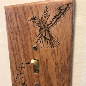 Rustic Blue Jay Light switch cover, Solid Oak Switch plate. Engraved wood Switch plate.