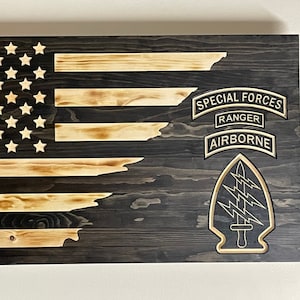 US Army Special Forces, Rustic Burnt Wood American Flag, US Army Special Forces with SF Tab Patch
