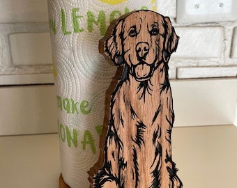 Golden Retriever Paper Towel Holder, Wood standing Paper Towel or Toilet Paper holder engraved on solid oak