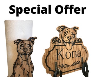 Pitbull Paper Towel Holder and Leash Holder Combo Special Offer Wood standing Paper Towel or Toilet Paper holder with engraved  Leash Holder