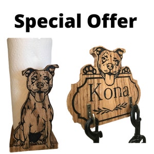 Combo de suporte para toalha de papel Pitbull e suporte para trela Oferta especial Toalha de papel em pé de madeira ou suporte para papel higiênico com suporte para trela gravado