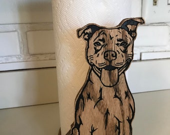Pitbull Paper Towel Holder, Wood standing Paper Towel or Toilet Paper holder engraved on solid oak