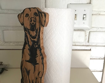 Labrador Paper Towel Holder, Wood standing Paper Towel or Toilet Paper holder engraved on solid oak