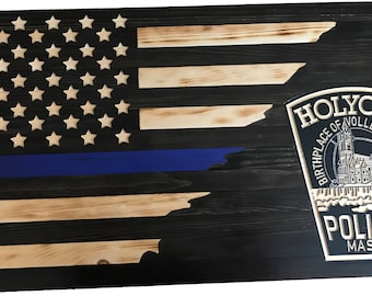 HOLYOKE Rustic Burnt Wood American Flag, Holyoke Patch, Blue Line Flag, Thin Blue Line Flag, Holyoke, Police Flag