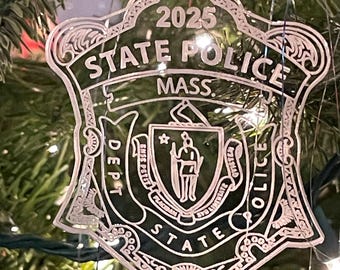Mass. State Police Badge Ornament, Gift for Mass. State Police Officer, Police Badge Christmas Ornament, Clear Acrylic Glass Ornament