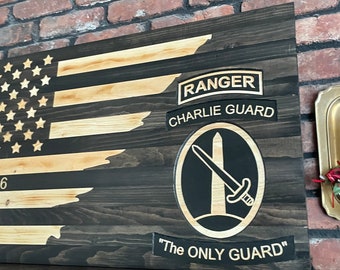 US Army Military District of Washington DC Flag, Rustic Burnt Wood American Flag, Ranger Tab,  Army Ranger Burnt wood flag.