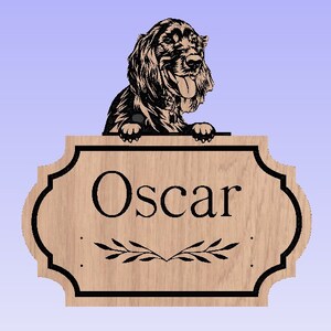 May include: A wooden sign with a black border and a scalloped edge. A black and white illustration of a dog is peeking over the top of the sign. The sign says "Oscar" in black lettering with a black leafy design below the name.