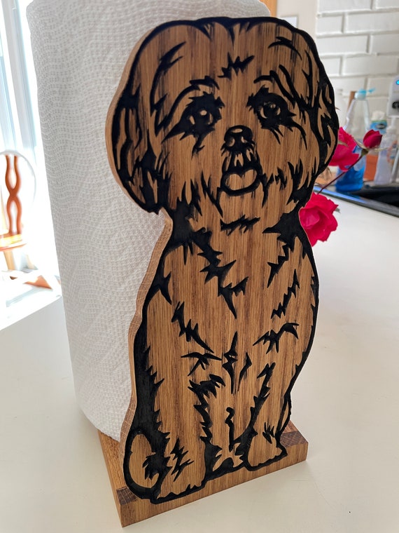 Unique Shih Tzu Paper Towel Holder: Handmade Wood Stand for Dog Lovers  Engraved on Solid Oak 