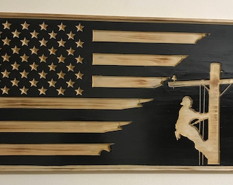 Lineman, Rustic Burnt Wood American Flag,  Lineman gift, Burnt wood flag.