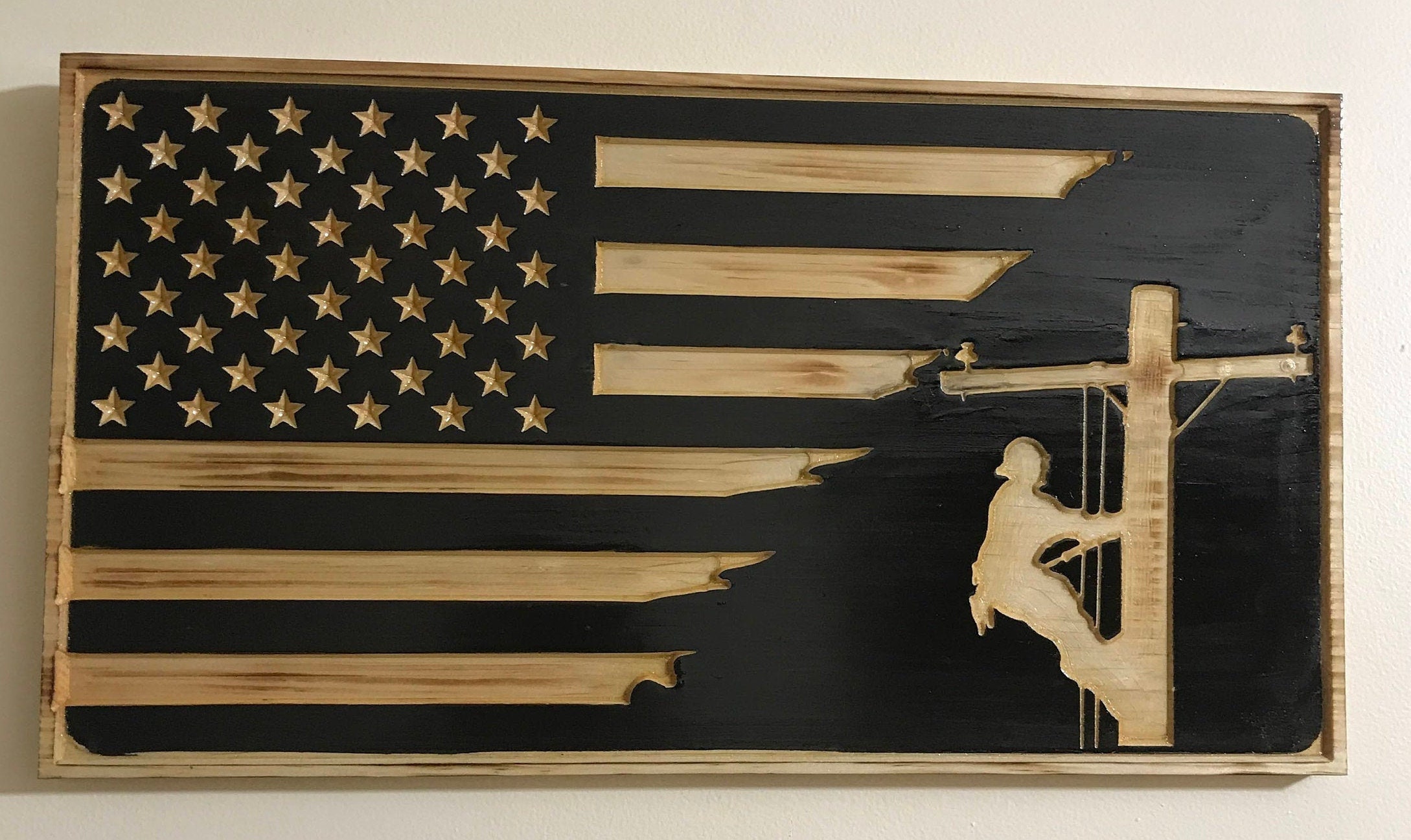 Lineman, Rustic Burnt Wood American Flag,  Lineman gift, Burnt wood flag.