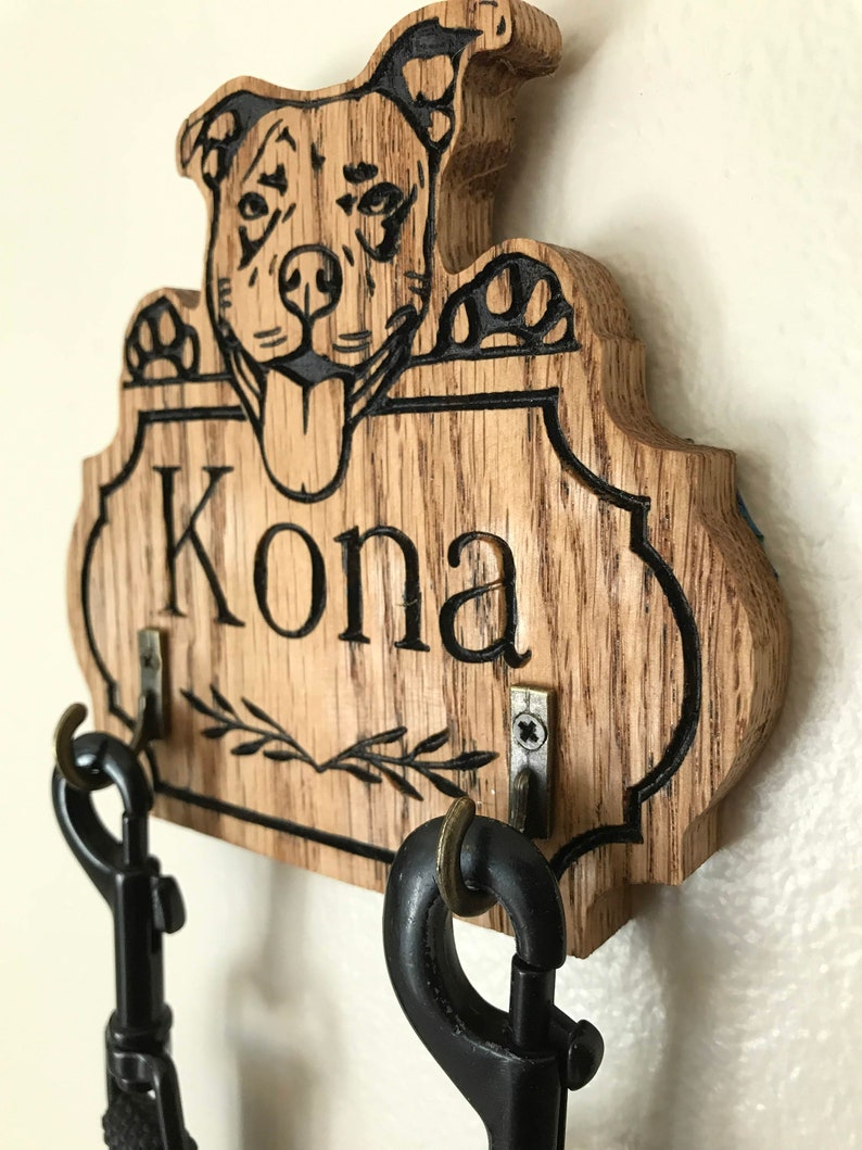 Personalized Pitbull Leash Holder Dog Leash Hanger Wood Dog Etsy