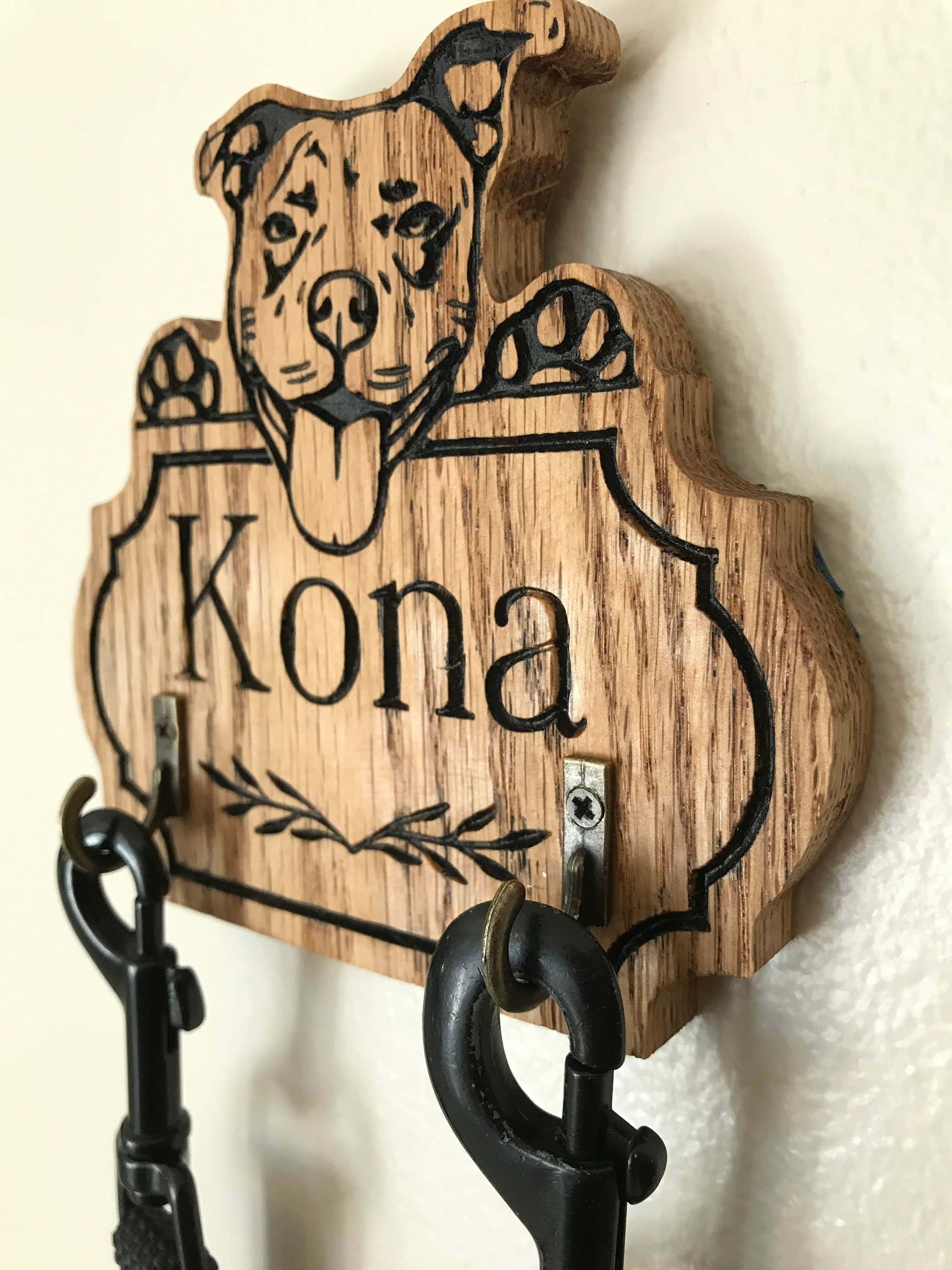 Personalized Pitbull Leash Holder Dog Leash Hanger Wood Dog Etsy