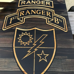 US Army Ranger Flag, Rustic Burnt Wood American Flag, Battalion Patch ...