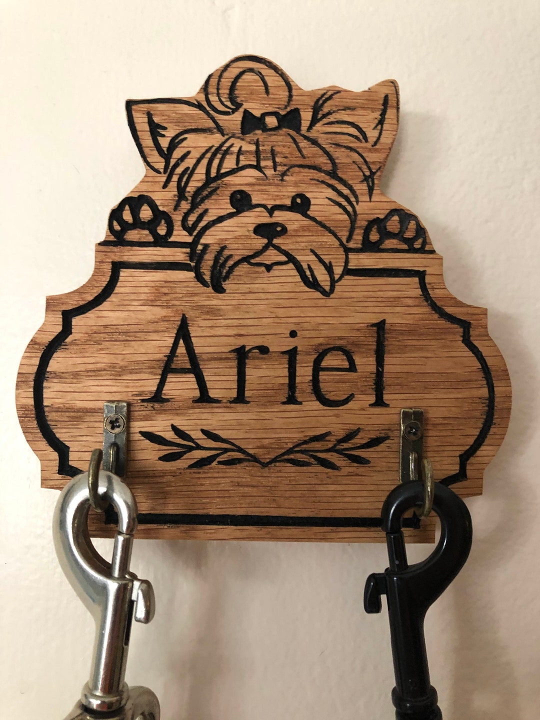 Personalized Yorkshire Terrier Leash Holder, Dog Leash Hanger, Wood Dog