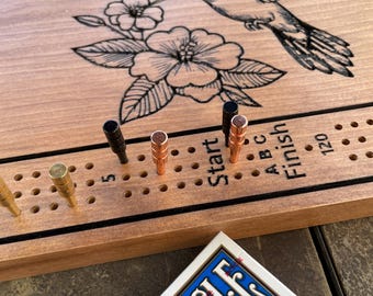 Hummingbird Flower Custom Cribbage Board, Personalized Cribbage Board ,Solid Wood Cribbage, Wedding Gift, Anniversary Gift, Cottage Sign