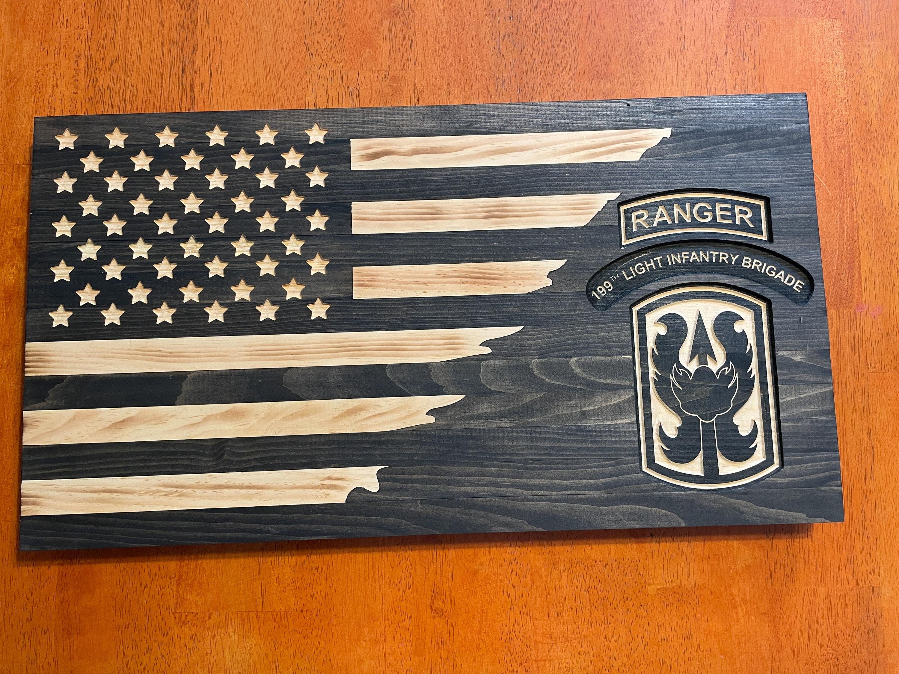 US Army Ranger 199th Light Infantry Brigade, Rustic Burnt Wood American Flag.