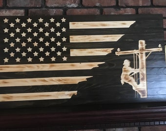 Lineman, Rustic Burnt Wood American Flag, Lineman gift, Burnt wood flag.
