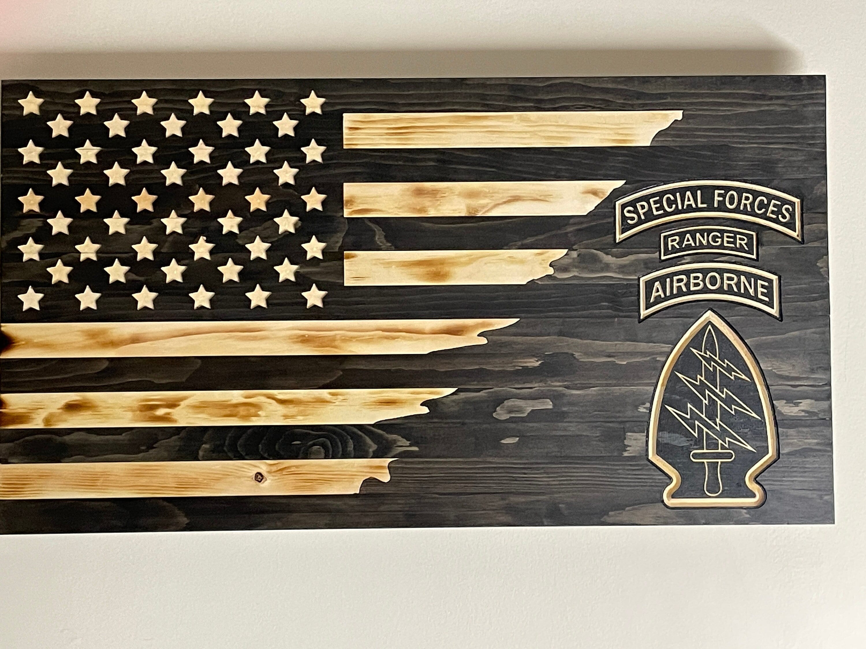 US Army Special Forces, Rustic Burnt Wood American Flag, US Army Special Forces with SF Tab Patch