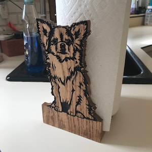 Suporte de toalha de papel chihuahua, toalha de papel de madeira ou suporte de papel higiênico gravado em carvalho maciço