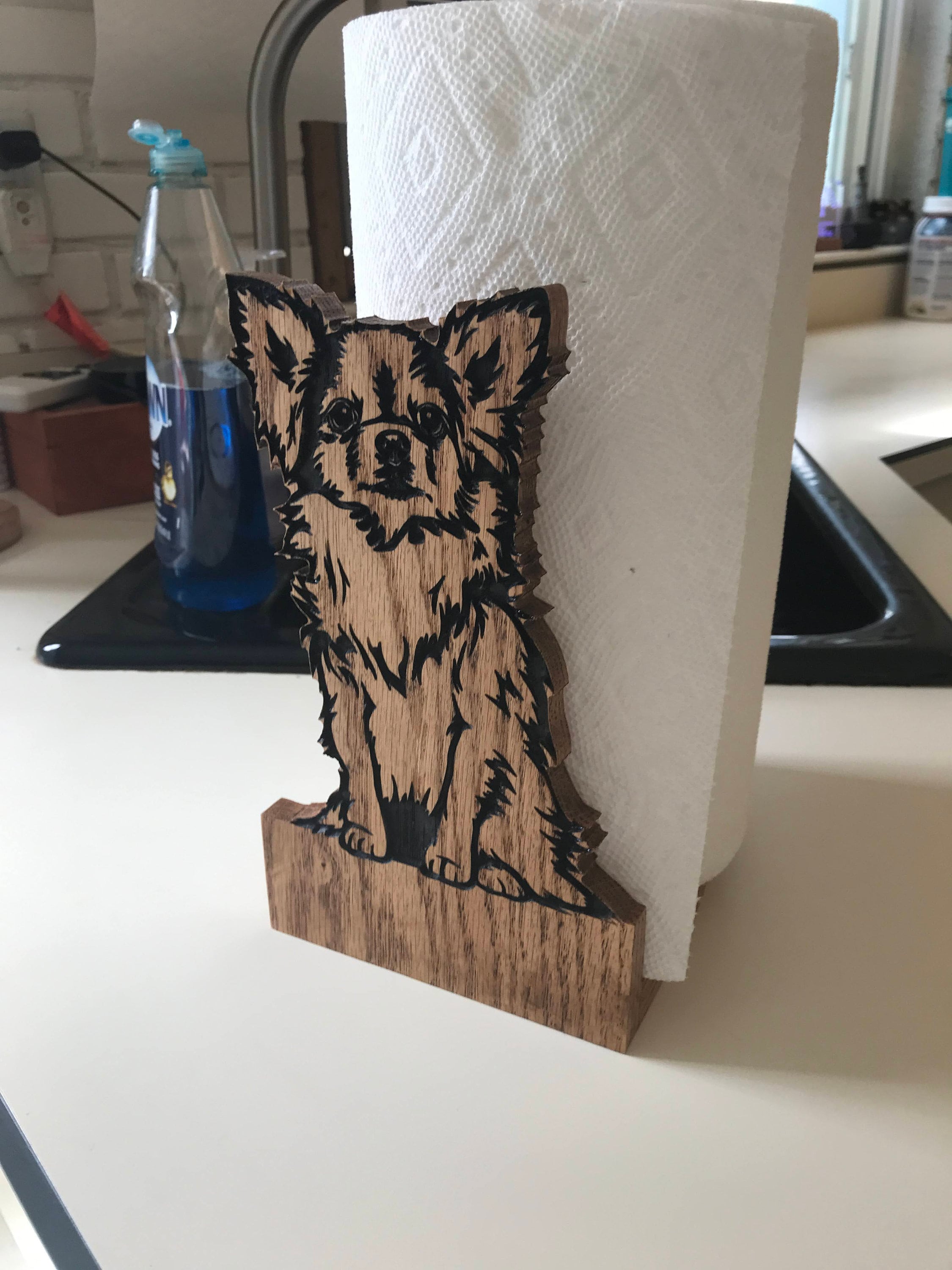 Chihuahua Paper Towel Holder, Wood standing Paper Towel or Toilet Paper holder engraved on solid oak