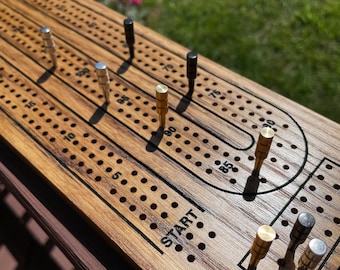 Classic Solid Oak Wood Cribbage Board - Portable Travel Size - Complete with Metal Pegs and Bicycle Playing Cards