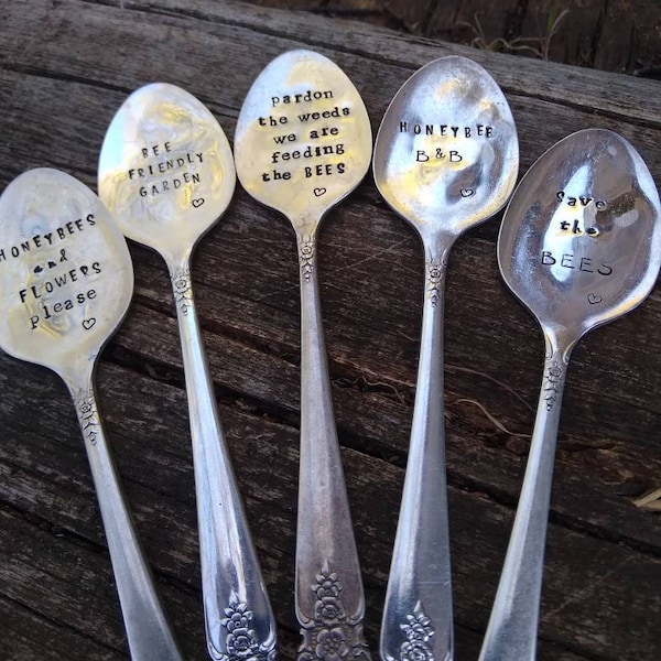 Honeybee Inspired Repurposed and hand stamped spoon garden markers