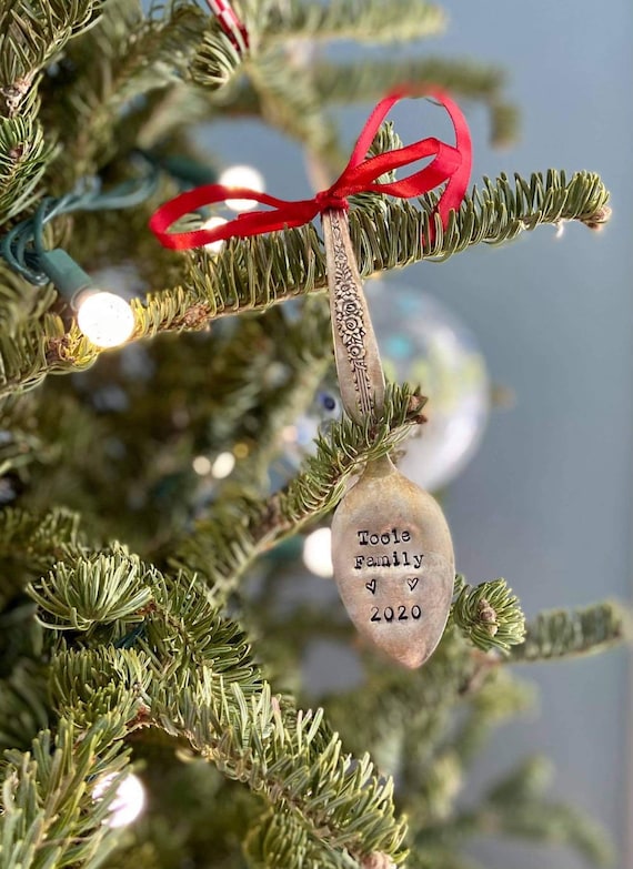 Family Christmas Repurposed Hand Stamped Vintage Silverplated Spoon Ornament