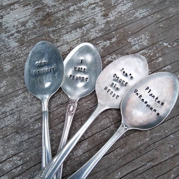 Repurposed and hand stamped spoon garden markers
