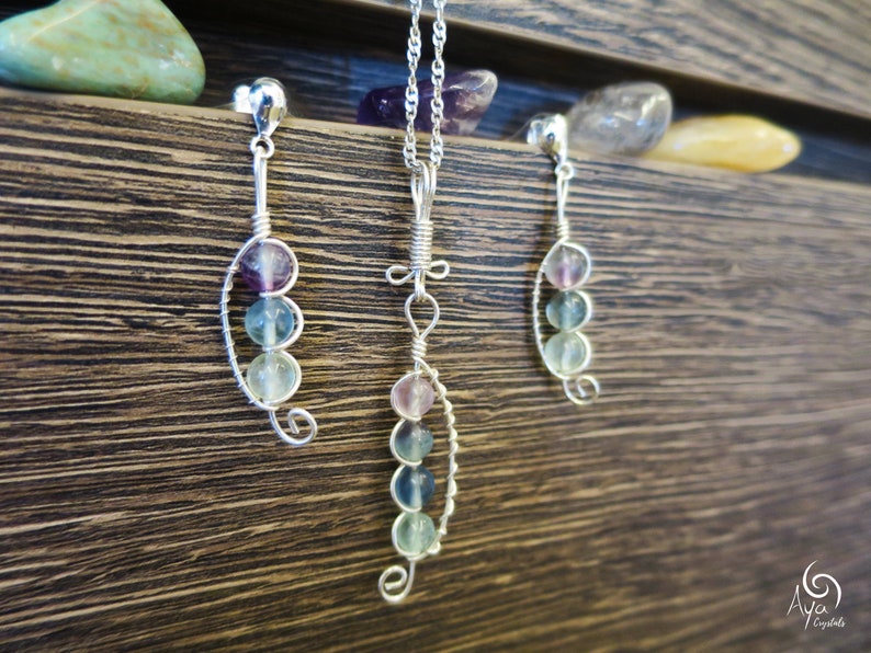 Healing Gemstone Jewelry wire wrapped stone necklace gifts for her Fluorite in Sterling Silver Pendant and Earrings with 925 Silver Chain