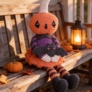 May include: A crocheted doll with a round orange pumpkin head, a white stem, and a purple and black striped torso. The doll wears an orange skirt and striped leggings, and holds a small black crocheted bat with pink cheeks and black eyes.
