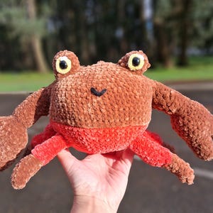 May include: A handmade plush crab toy in shades of brown and red. The crab has large, round eyes with yellow irises and a small, black smile. The plush toy is soft and textured, with detailed claws and legs.